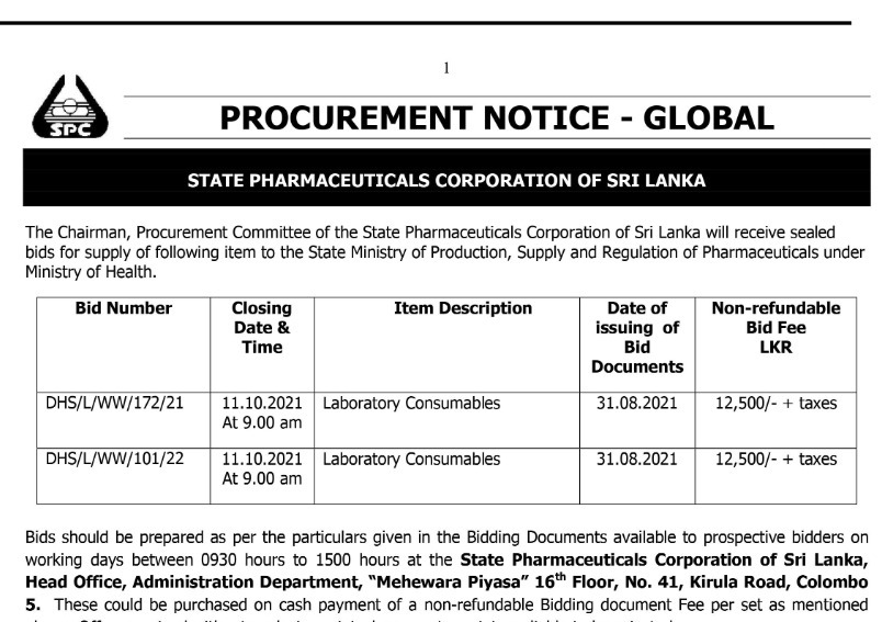 54 - Procurement Notice - State Pharmaceuticals Corporation of Sri Lanka