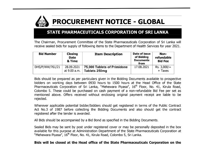 48 - Procurement Notices - State Pharmaceuticals Corporation of Sri Lanka