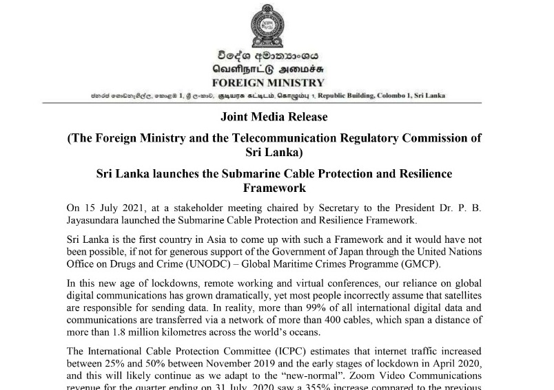 Sri Lanka launches the Submarine Cable Protection and Resilience Framework