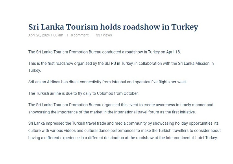 Sri Lanka Tourism holds roadshow in Turkey