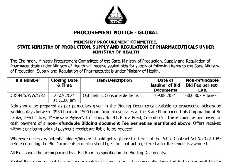 45 - Publishing a Procurement Notice of State Pharmaceuticals Corporation of Sri Lanka