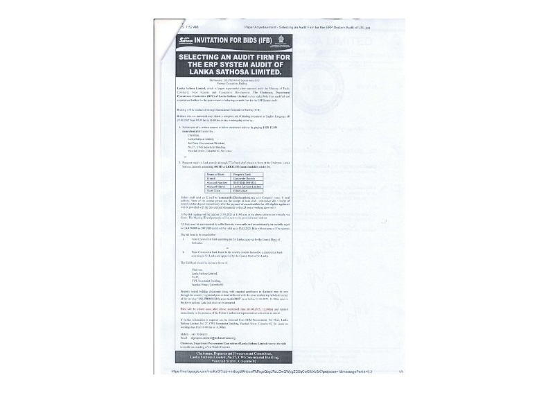Invitation for Bids (IFB) - Lanka Sathosa Ltd Selecting an Audit Firm for ERP System Audit of Lanka Sathosa Ltd
