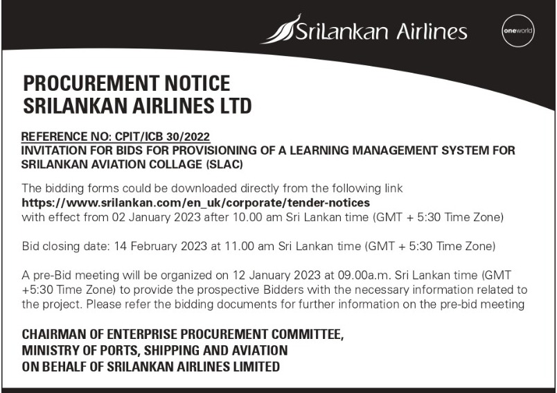Procurement Notices - M/s. SriLankan Airlines Ltd.(Ref. No. CPIT/ICB 30/2022)
