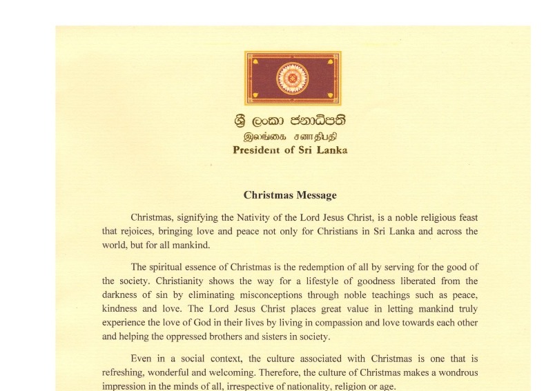 The message of H.E. Gotabaya Rajapaksa President of Sri Lanka for Christmas 2021
