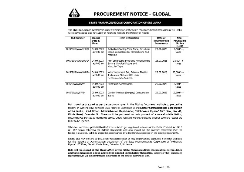 Procurement Notices - State Pharmaceuticals Corporation of Sri Lanka