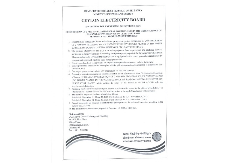 Invitation for Expression of Interest (EOI) - Ceylon Electricity Board
