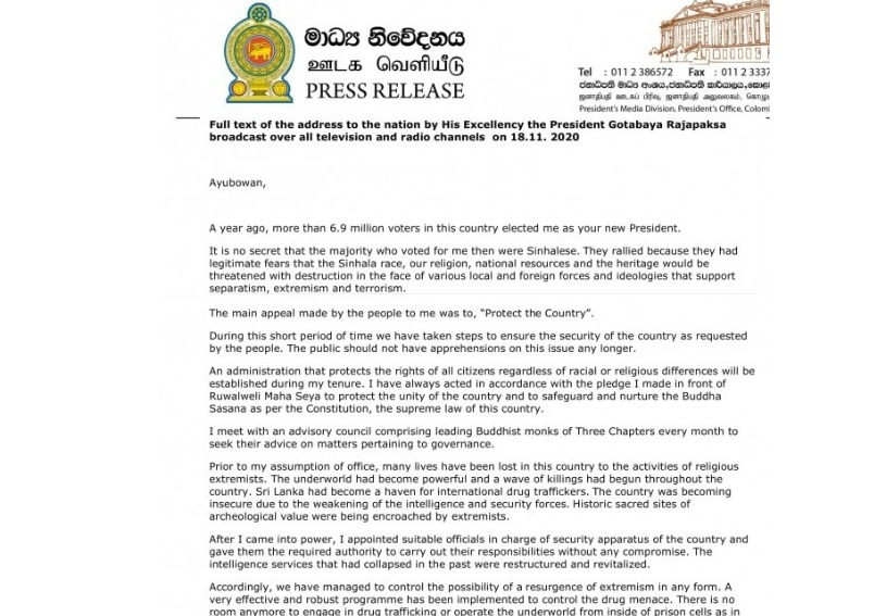 Full text of the address to the nation by H.E. Gotabaya Rajapaksa, President of Sri Lanka, broadcast over all television and radio channels on 18.11. 2020