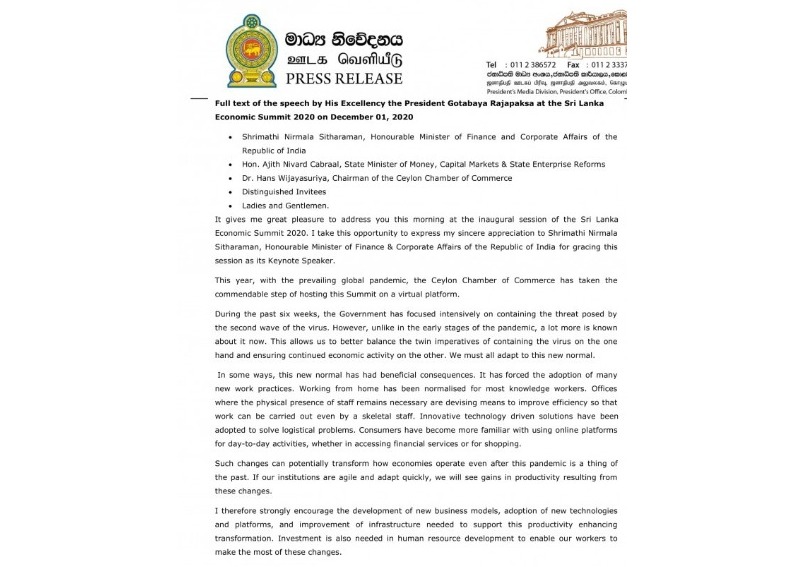Full text of the speech by His Excellency the President Gotabaya Rajapaksa at the Sri Lanka Economic Summit 2020 on December 01, 2020