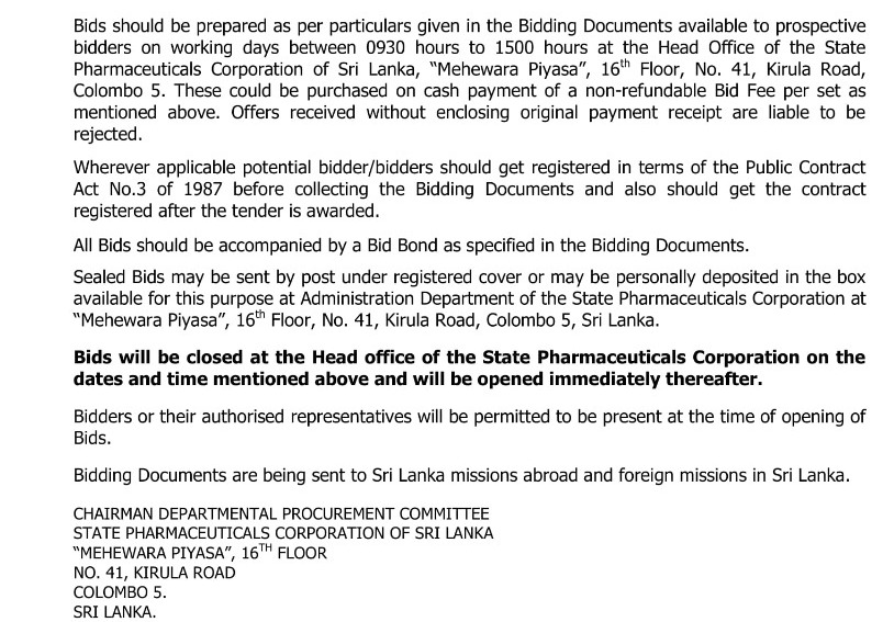 Procurement Notices-State Pharmaceuticals Corporation of Sri Lanka