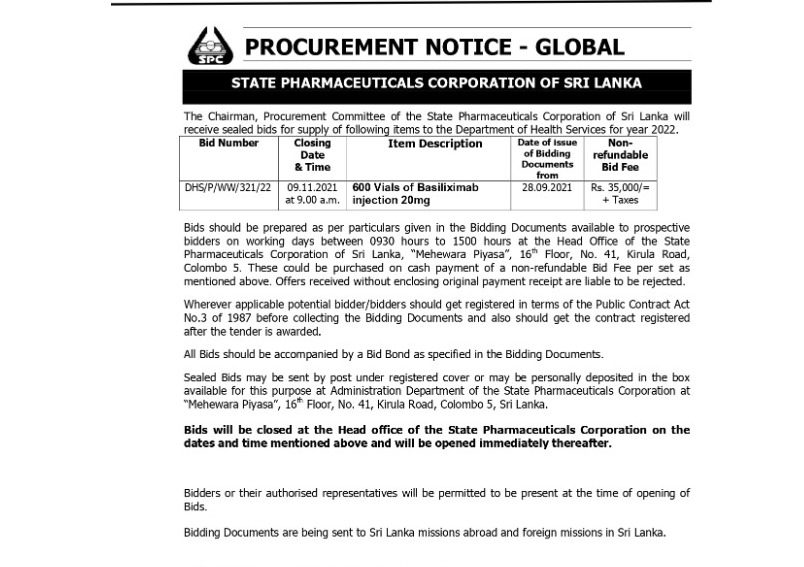 60 - Procurement Notices of State Pharmaceuticals Corporation of Sri Lanka