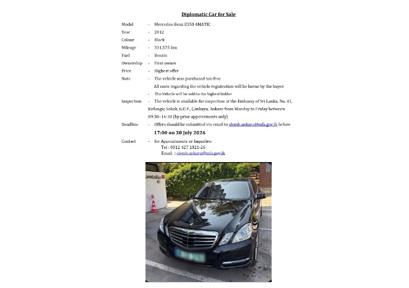 Diplomatic Car for Sale - Embassy of Sri Lanka