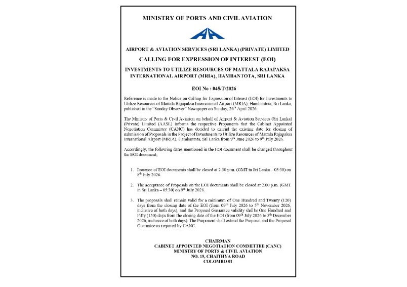 Extension Notice - Ministry of Ports and Civil Aviation Investments to Utilize Resources of Mattala Rajapaksa International Airport (MRIA)