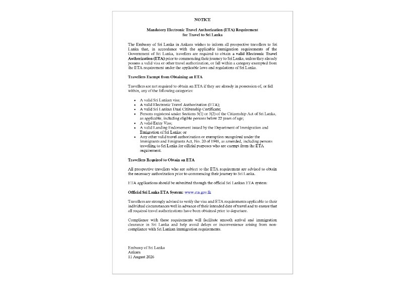 NOTICE - Mandatory Electronic Travel Authorization (ETA) Requirement for Travel to Sri Lanka