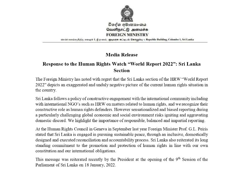Response to the Human Rights Watch “World Report 2022”: Sri Lanka Section