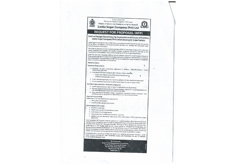 Request for Proposal (RFP) - Lanka Sugar Company (Pvt) Ltd Local or Foreign Consultancy for Improvement of Distillery Operations of the Lanka Sugar Company (Pvt) Ltd at Sevanagala Sugar Factory