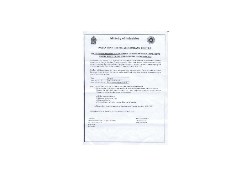 99 - Registration of Foreign Suppliers and their Local Agents (Year 2022/2023) -M/S Paranthan Chemicals Company Limited