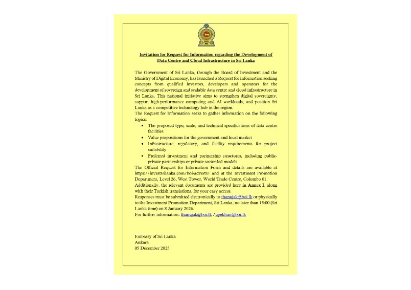 Invitation for Request for Information regarding the Development of Data Centre and Cloud Infrastructure in Sri Lanka