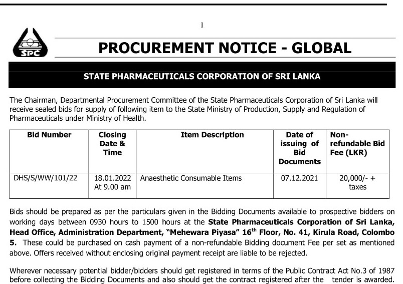 78 - Procurement Notices- State Pharmaceuticals Corporation of Sri Lanka