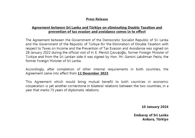 Agreement between Sri Lanka and Türkiye on eliminating Double Taxation and prevention of tax evasion and avoidance comes in to effect