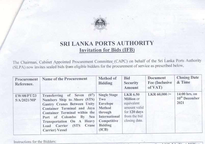 75 - Procurement Notices - Sri Lanka Ports Authority