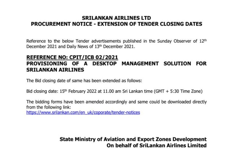 87 - Publishing of Procurement Notice of Sri Lankan Airlines