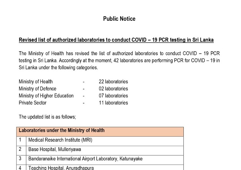 58 - Revised list of authorized laboratories to conduct COVID – 19 PCR testing in Sri Lanka