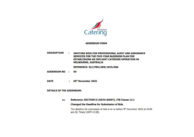Addendum Notice - SriLankan Catering Ltd Inviting Bids for Professional Audit & Assurance Services for the Five-Year Business Plan for Establishing an Inflight Catering Operation in Melbourne, Australia
