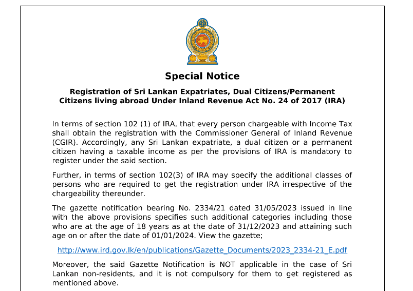Registration of Sri Lankan Expatriates, Dual Citizens/Permanent Citizens living abroad Under Inland Revenue Act No. 24 of 2017 (IRA)