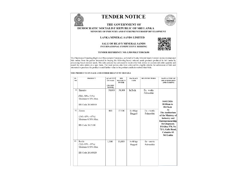 Tender Notice - Lanka Mineral Sands Limited - Sale of Heavy Mineral Sands Tender Reference No - LMS/MKT/TDR/26/01