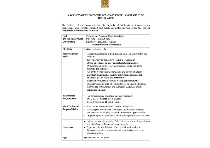 VACANCY ANNOUNCEMENT FOR COMMERCIAL ASSISTANT CUM TRANSLATOR