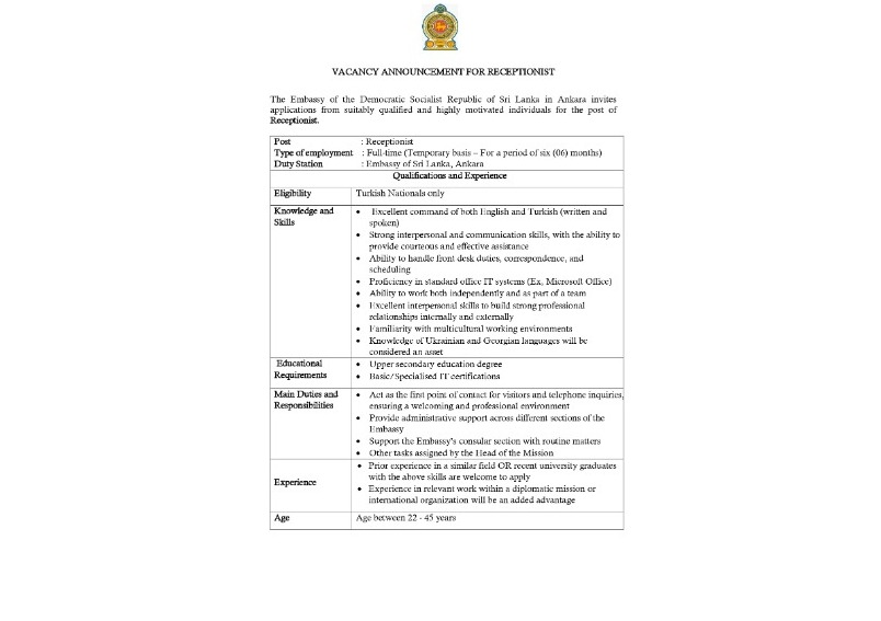 VACANCY ANNOUNCEMENT FOR RECEPTIONIST
