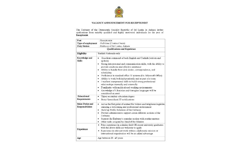 VACANCY ANNOUNCEMENT FOR RECEPTIONIST