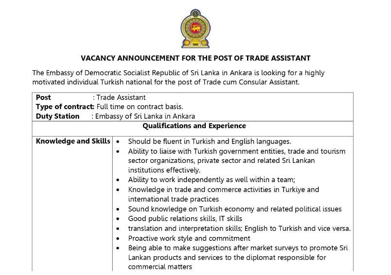 VACANCY ANNOUNCEMENT FOR THE POST OF TRADE ASSISTANT