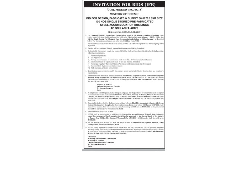 36 - Invitation for Bid, Ministry of Defence, Steel Accommodation Buildings