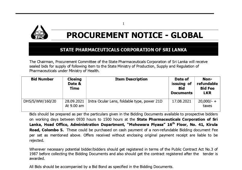 50 - Procurement Notices - State Pharmaceuticals Corporation of Sri Lanka