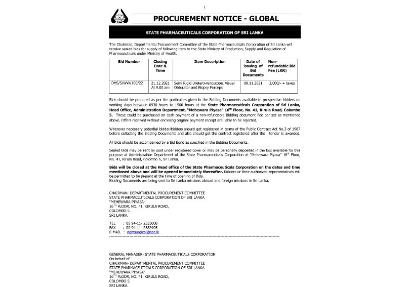 73 - Publishing Procurement Notices of State Pharmaceuticals Corporation of Sri Lanka